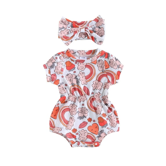 Coduop Newborn Baby Girls Bodysuit Set Floral Short Sleeve Playsuit Romper,with Headband