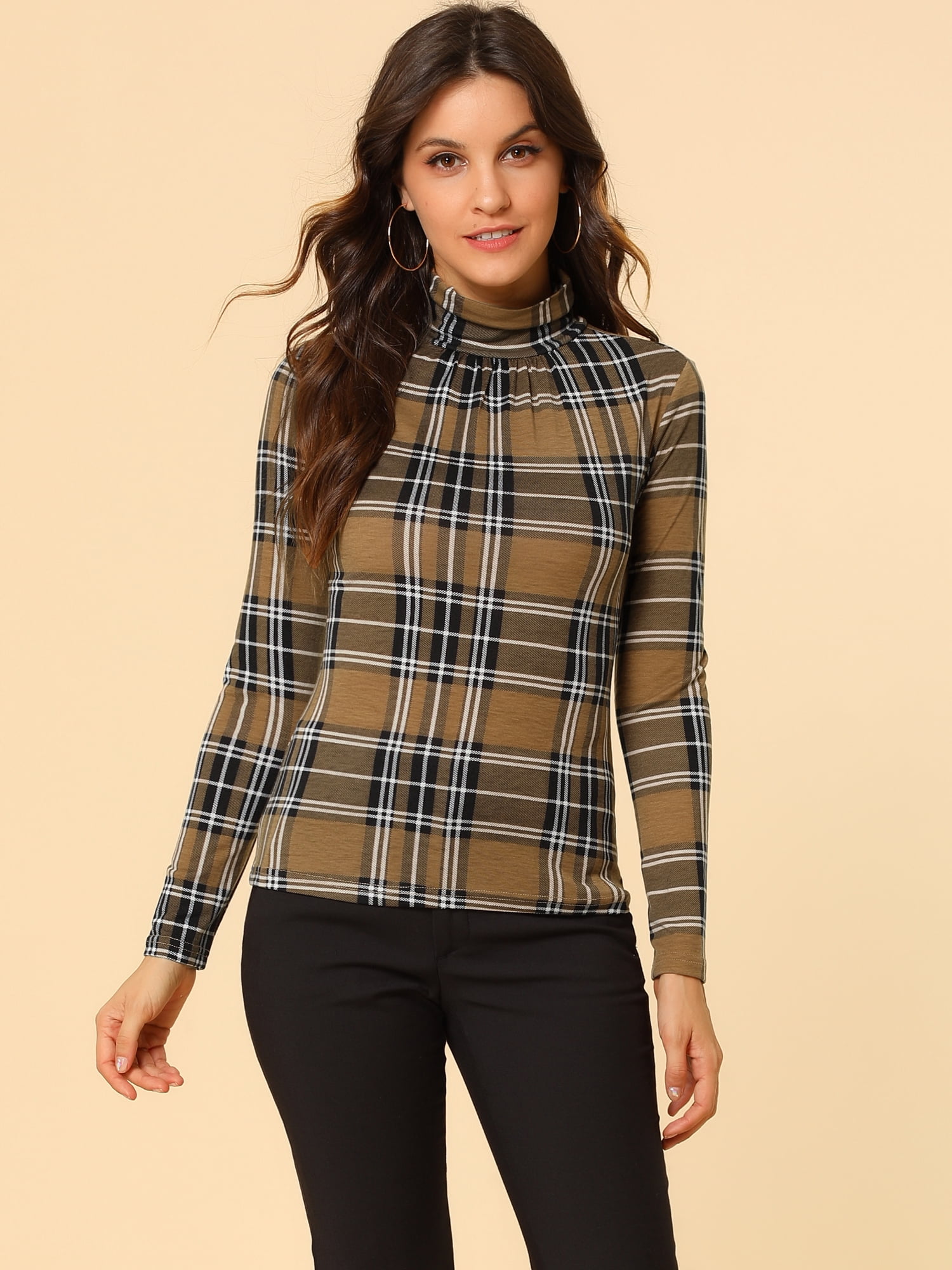 DARING DIVA Turtleneck Long Sleeve Slim Shirt Blouse M Brown
