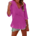 thumbnail image 3 of Women's Cotton Linen Hooded Cover Up, 3/4 Sleeve V-Neck Pocket Shirt, Lightweight Beach Kimono for Bikini Cover, Summer Vacation, and Resort Wear-Hot Pink, 3 of 10