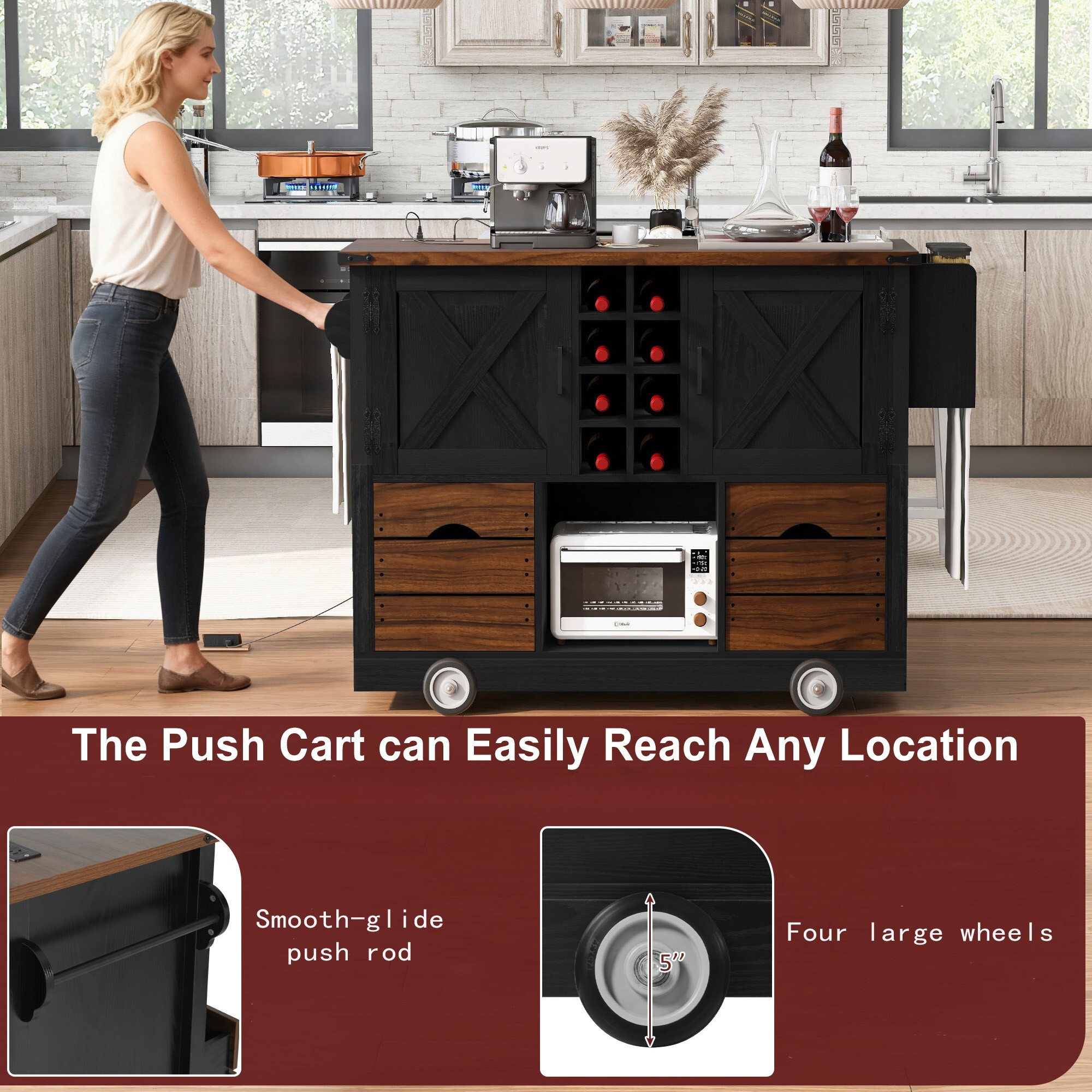 AENKYO Farmhouse Kitchen Island with Drop Leaf, Power Outlets, Rolling Storage Cart on Wheels, Black & Rustic Brown