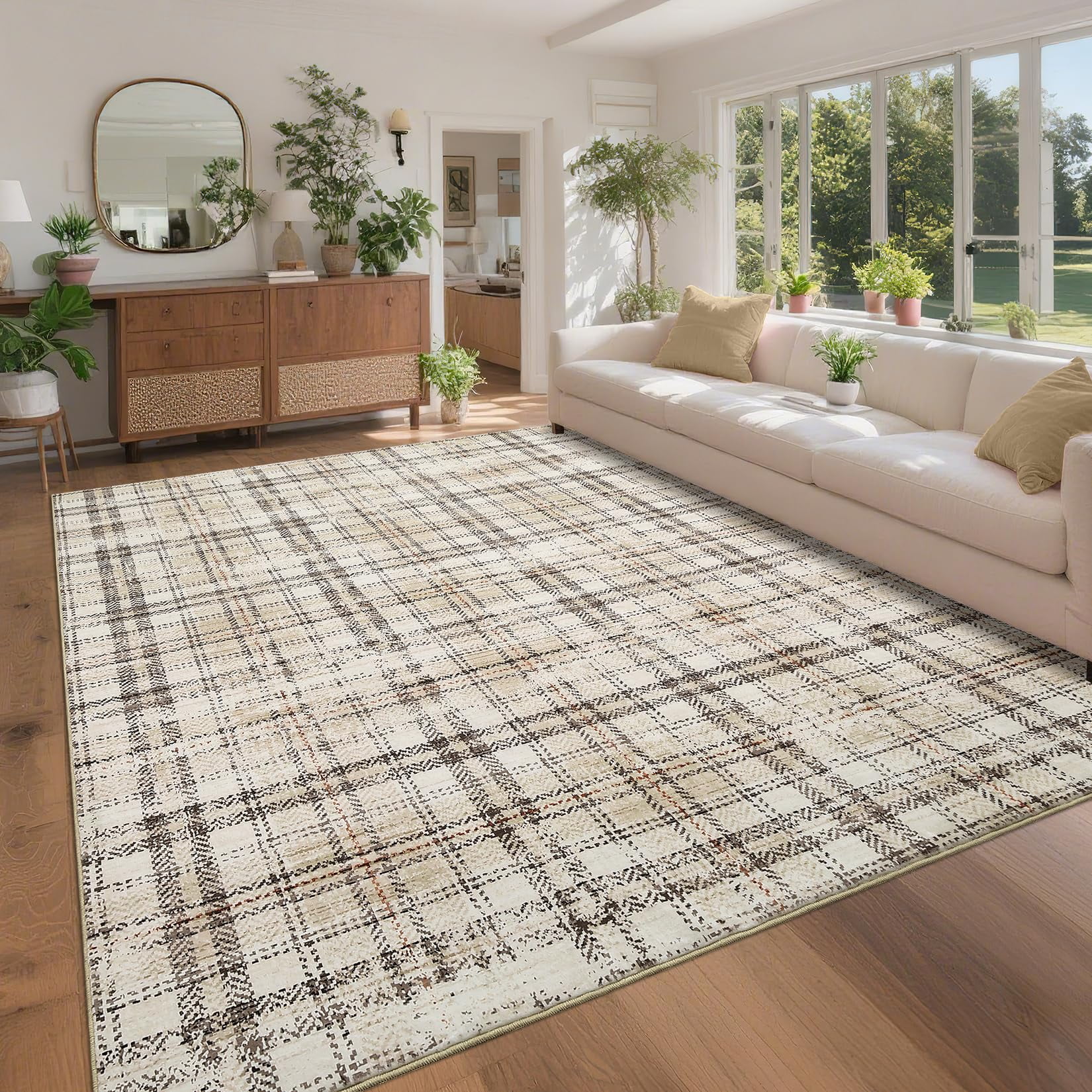 Washable Rugs 8 x 10 Rug for Living Room Modern Plaid Area Rug for Bedroom Neutral Beige Rugs Large Rug Soft Non Shedding Stain Resistant Carpet for Dining Room Office Nursery 8'x10' Beige
