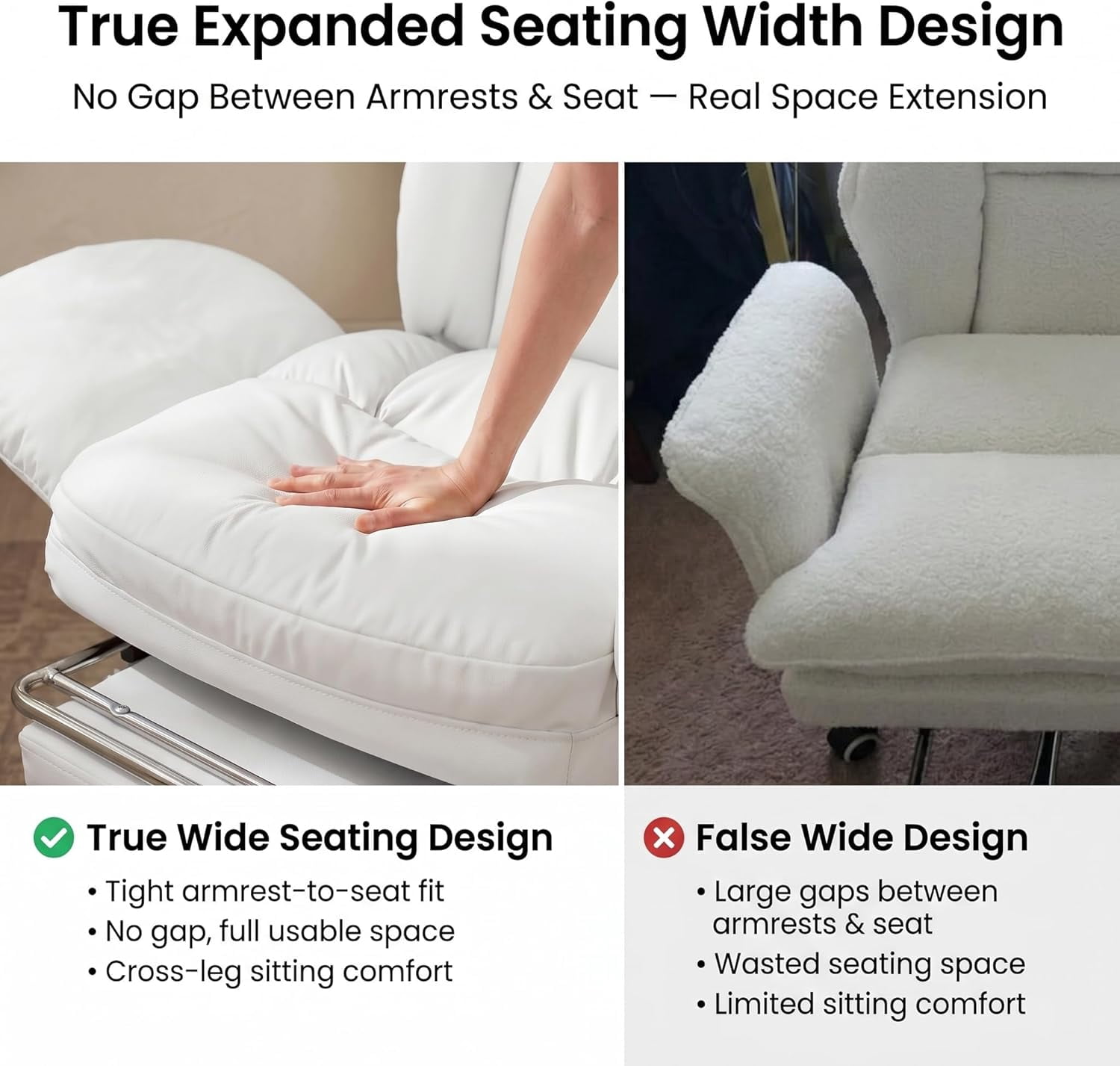 Genpo Criss Cross Desk Chair, Cross Legged Office Chair with Wheels, White Leather Big and Tall Reclining Office Chair 500lbs with Foot Rest, Reversible Armrests & Wide Seat