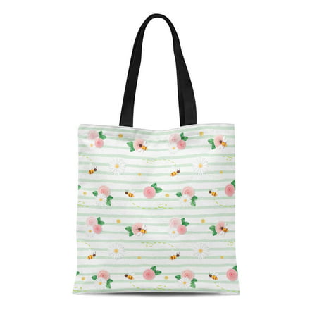 LADDKE Canvas Tote Bag Colorful Summer Floral Pink Roses Chamomiles Flying Bees Reusable Shoulder Grocery Shopping Bags (Best Handbag For Flying)