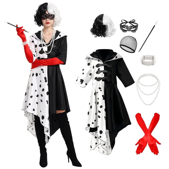 Alaiyaky Women Black and White Costume Dress Up Full Set, Halloween Costumes with Wig, Necklace, Red Gloves Accessories Party Outfit