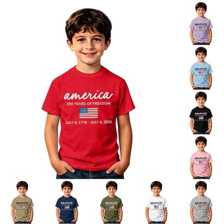 Huowey Casual Summer Tops For Boys Toddler Kids 4Th Of July Print Crewneck Short Sleeve Relaxed Basic Tees Apparel Classic USA Flag Pattern Independence Day 1776-2026 Tshirts 8-9 Years