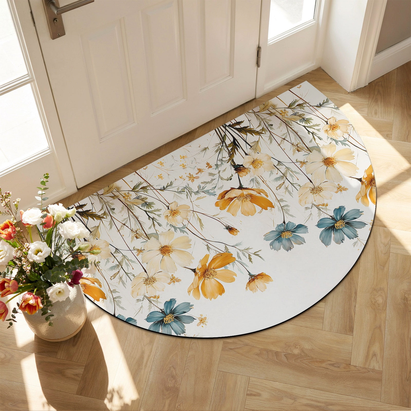 Front Door Mat Outside Entrance 18 x30 Yellow Blue Spring Floral Absorbent & Non-Slip Half Circle Doormat Indoor Entrance Low-Profile Welcome Mat for Entryway Patio Watercolor Summer Botanical