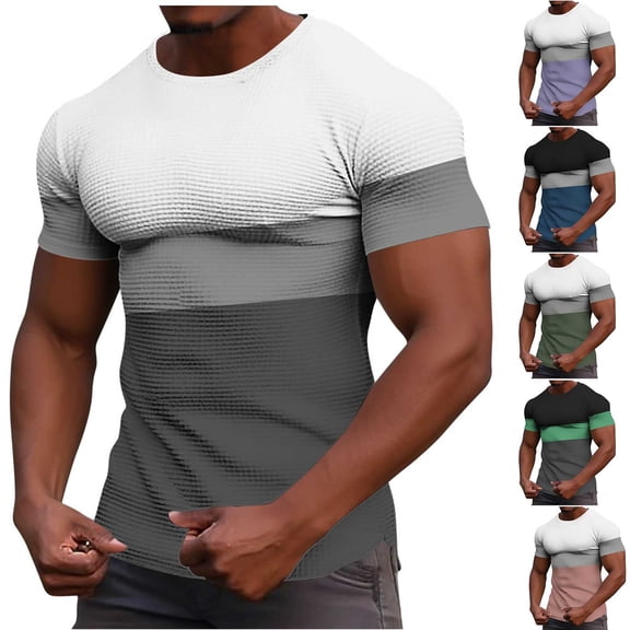 XUNKUSGA T Shirts for Man Casual Waffle Knit Crewneck Short Sleeve Tee Shirts Mens Fashion Color Block Summer Tops Basic Slim Fit Muscle Tee Shirts S-5XL Green