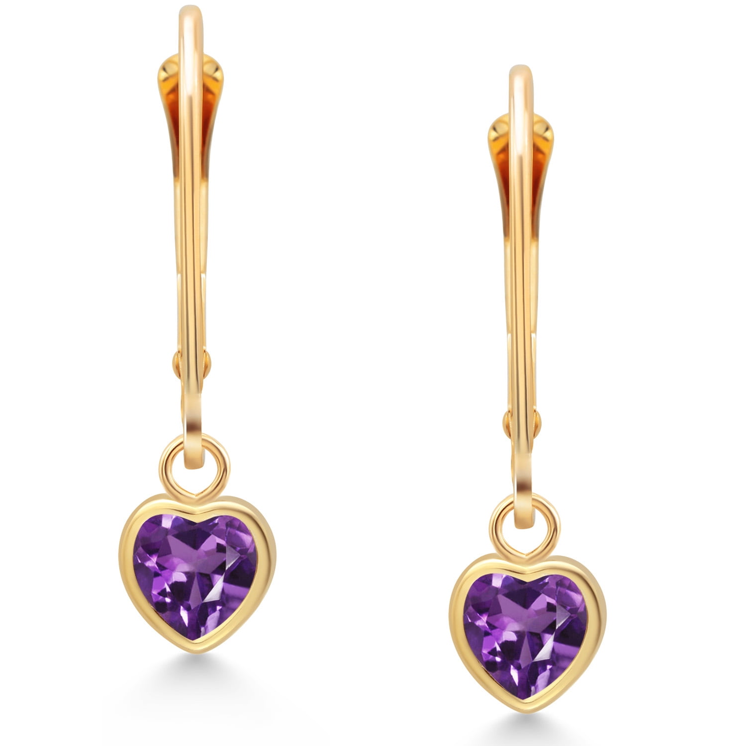 Gem Stone King 14K Yellow Gold Purple Amethyst Drop Dangle Leverback Earrings for Women (0.84 Cttw, Gemstone February Birthstone, Heart Shape 5MM)