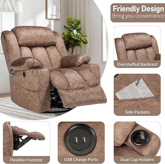EPICOZY Swivel Rocker Recliner Chair with Heat and Massage, Manual Glider Rocking Reclining Chair, 360° Swivel Overstuffed Lounge Chair with 2 Cup Holders, Side Pockets & USB Ports, Fabric Brown