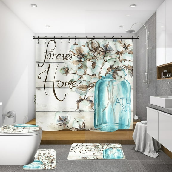 Shower Curtain,Farmhouse Bathroom Sets With Shower Curtain And Rugs Cotton With Sweet Home Art Sign Curtain 4 Piece Fabric Cloth Bathroom Decor Set With Hooks Teal