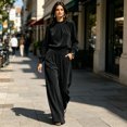 thumbnail image 5 of Szluipve 2 Piece Sets for Women Velvet 2 Piece Matching Outfit High Neck Pleated Long Sleeve Blouse Top & High Waist Wide Leg Palazzo Pants Elegant Party Set with Pockets Black XL, 5 of 9