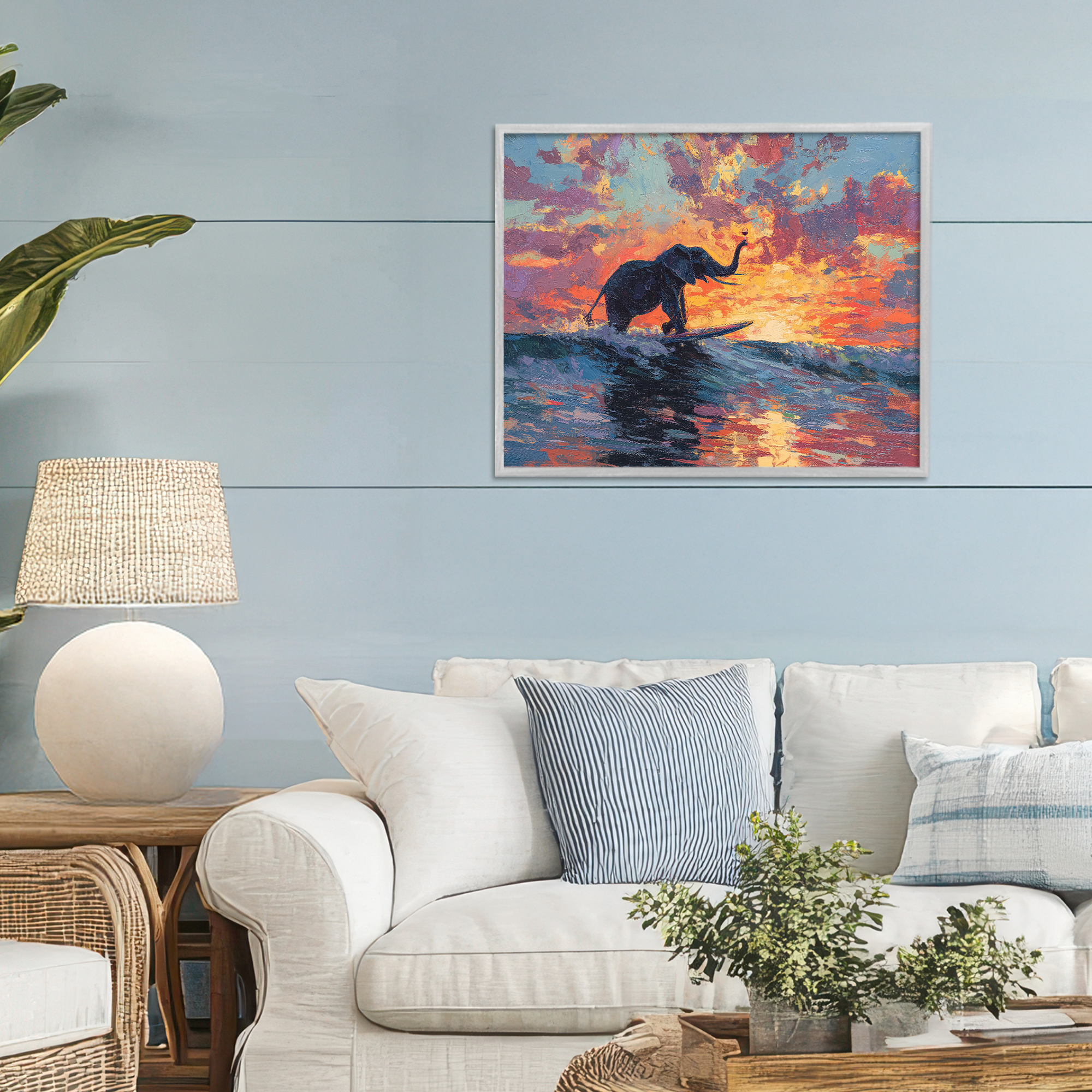 Sunset Surf Elephant Gray Framed Giclee Art, design by Ziwei Li