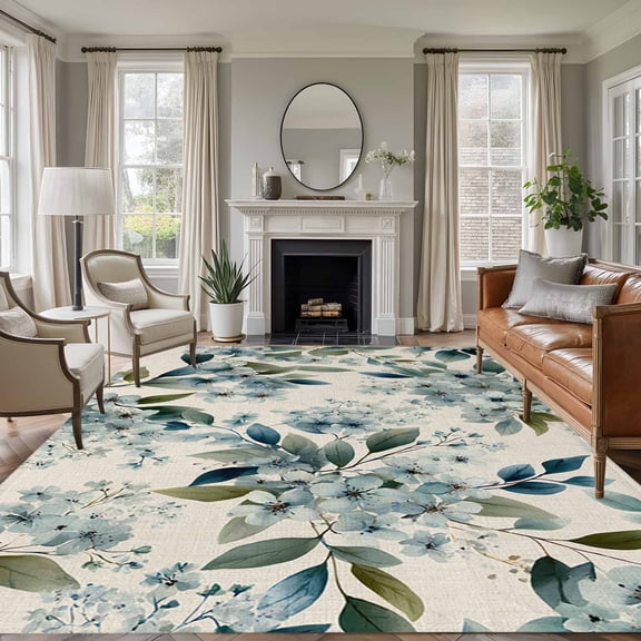 Area Rug for Living Room, Spring Flowers Non-Slip Indoor Large Carpet for Bedroom/Dining Room, Watercolor Floral Leaves Botanical Beige Washable Low-Profile Rectangle Floor Runner Rugs - 5 x 8 Ft