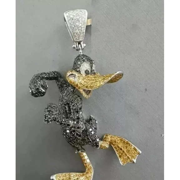 Aishvi Jewels 2Ct Round Cut Black Moissanite Duck Cartoon Charm Pendant 14K White Gold Plated Free 18''Chain