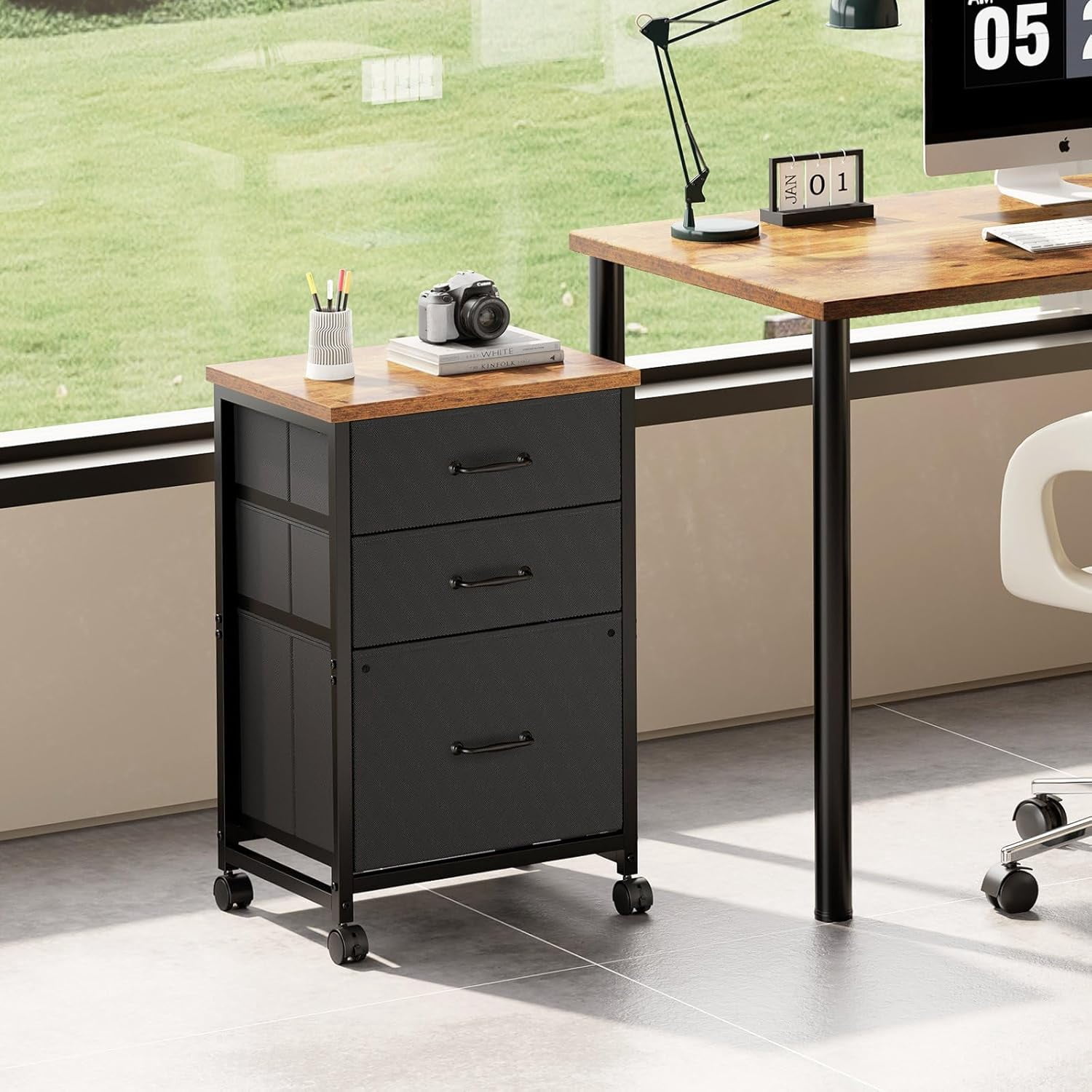 3 Drawer Mobile File Cabinet with Wheels Fabric Vertical Filing Cabinet fits A4 or Letter Size for Home Office,Rustic Brown