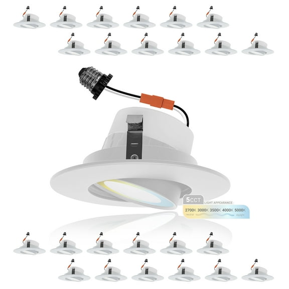 NuWatt 4" LED Gimbal Retrofit Recessed Light, 5CCT Selectable Adjustable Eyeball Lens, E26 Base 24PK