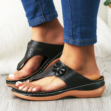 

MIASHUI shoes for women Ladies Fashion Summer Solid Color Flower Cutout Wedge Beach Thong Sandals