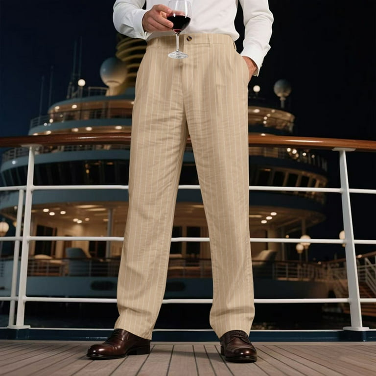 Men's Striped Linen Dress Pants, Causal Business Office Wide Leg Formal Pants Flat Front Button Pinstripe Trousers with Pockets Men's Striped Linen Dress Pants, Causal Business Office Wide Leg Formal Pants Flat Front Button Pinstripe Trousers with Pockets