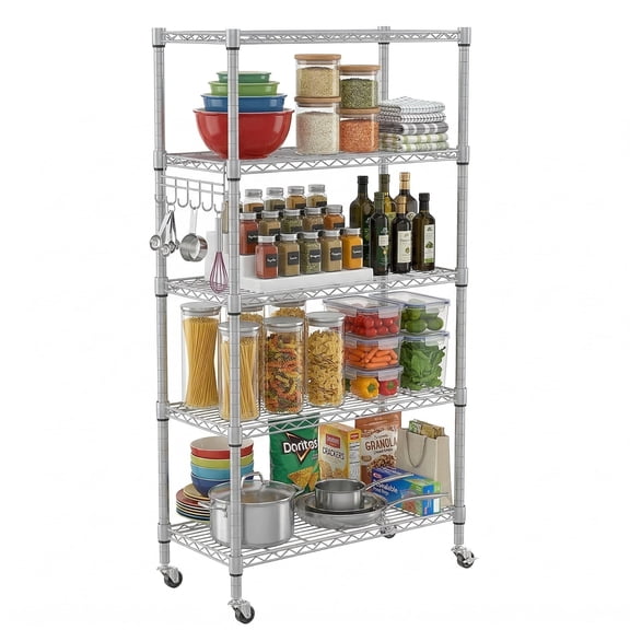 Legooin 5-Tier Heavy Duty Storage Rack Height Adjustable Wire Shelving Unit Metal Stand for Garage Kitchen 30"W x 14"D x 62"H, Silver