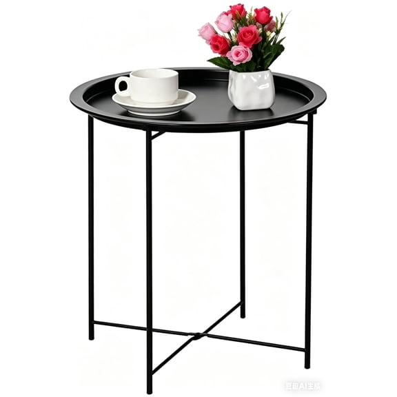 End Table, Metal Side Table Round Folding Tray Sofa Small Accent Fold-able Table, Round End Table Tray, Next to Sofa Table, Snack Table for Living Room and Bed Room(Black）
