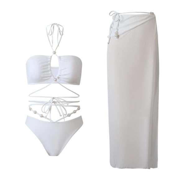 Erwazi Womens 3pcs Swimsuit Solid Halter Triangle Bikini Top Tie Side Bottom with Long Sheer Cover Up Skirt