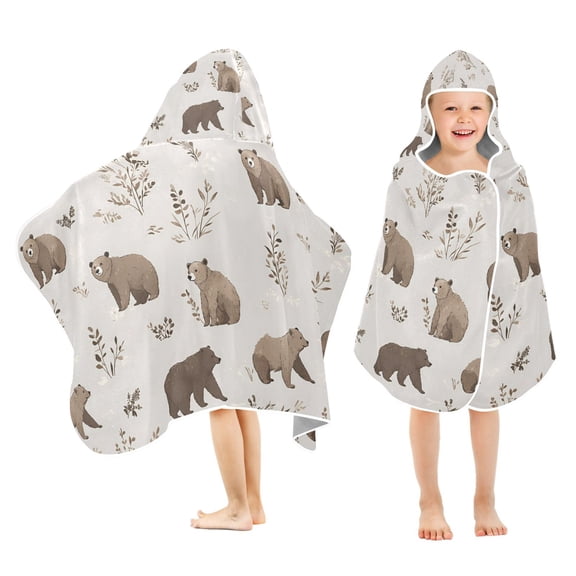 Yayeee Kids Hooded Towel with Hand Pockets Beach Soft Absorbent Bath Wrap 50 x 23.5 inch, Light Gray Bears