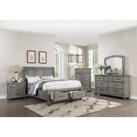 Contemporary Grey Hues Veneer 6pc Bedroom Furniture Cal King Size Bed Dresser Mirror 2x Nightstands Chest Storage FB Plywood