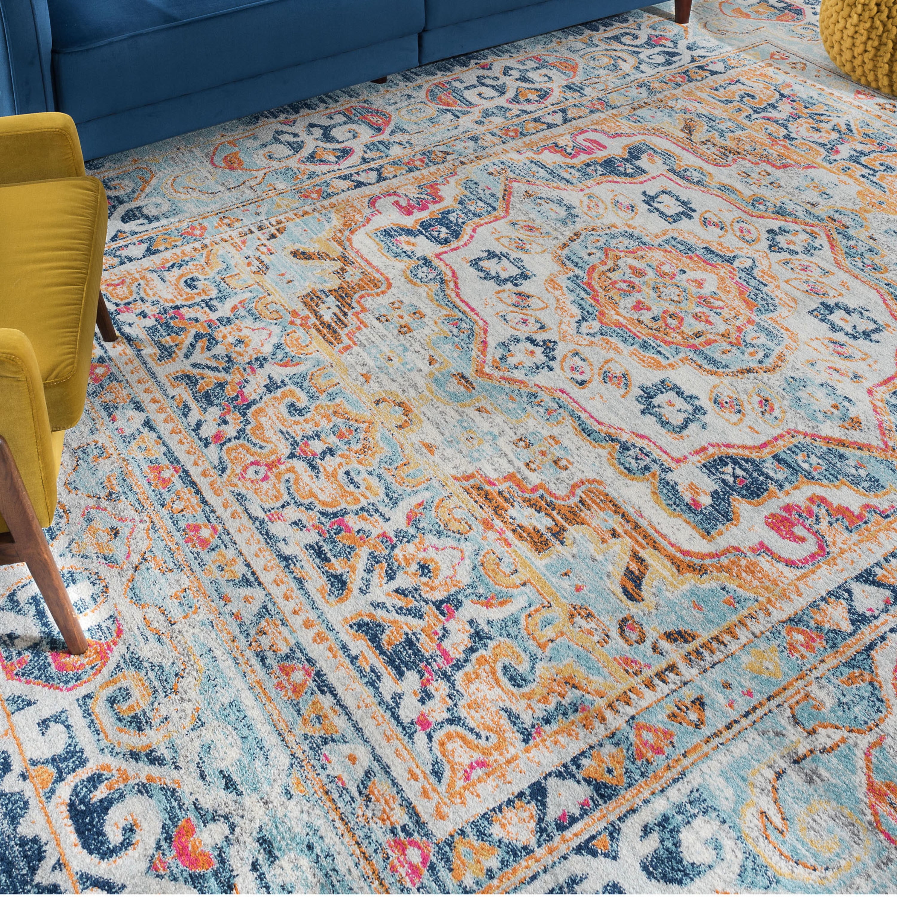Transitional 8x10 Area Rug (7'10'' x 10'3'') Medallion Pink, Navy Living Room Easy to Clean