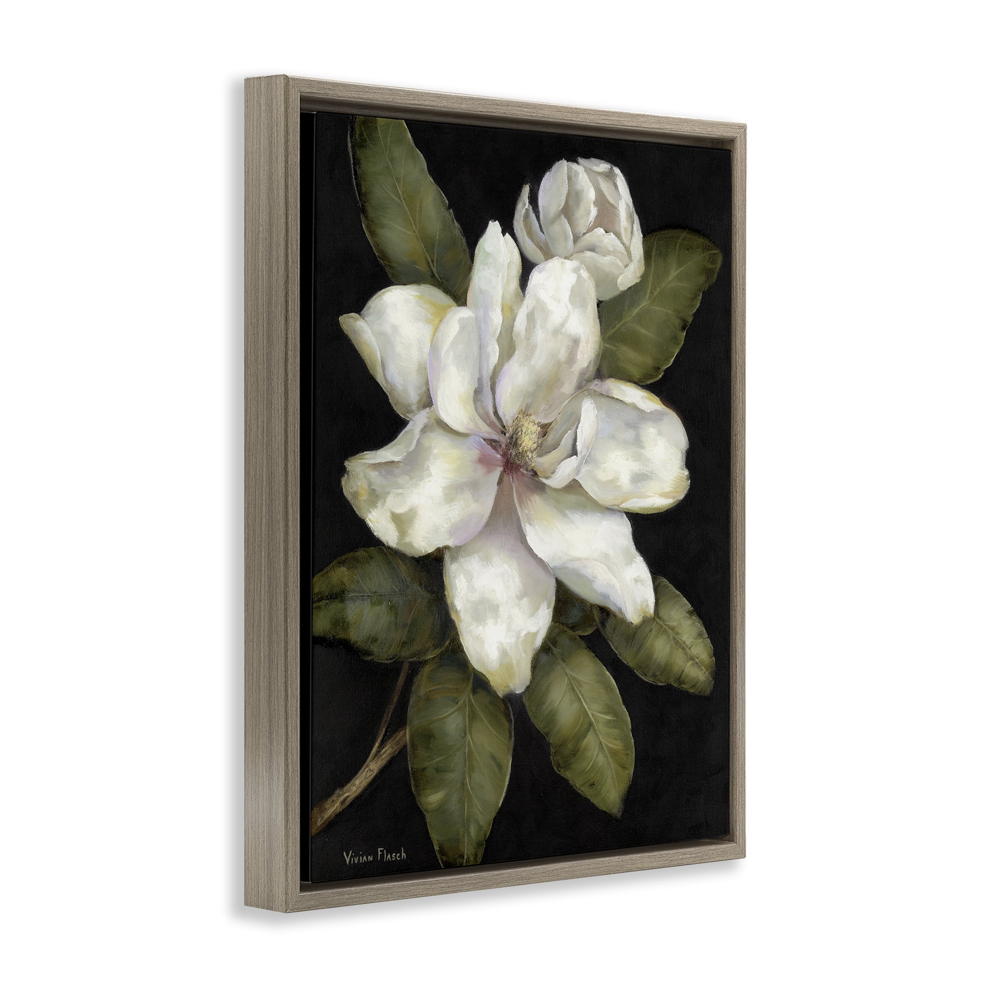 Stupell Industries Budding Magnolia Blooms Brown Framed Floater Canvas Wall Art, design by Nan