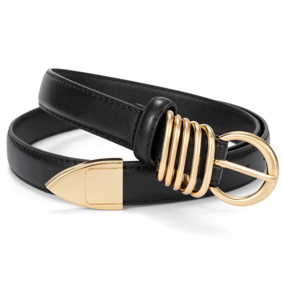 Punplita Women's Belt with Round Gold Buckle Black Belt