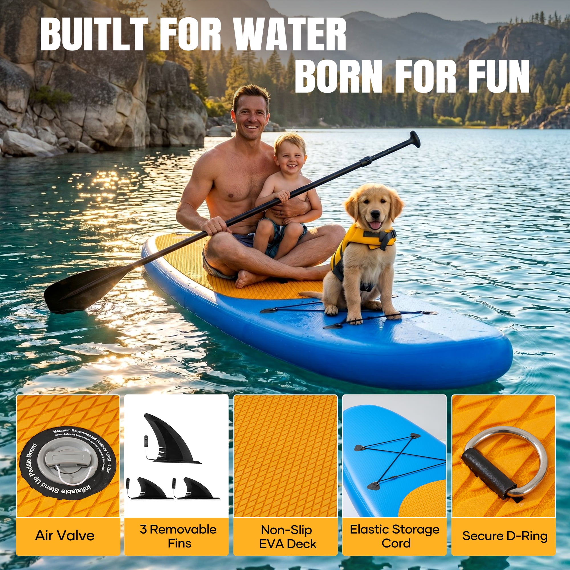 Naipo 10FT Inflatable Paddle Board 30in Wide Design Stand Up Paddle Board with Paddle Accessories for Family Beginners Youth Blue Yellow