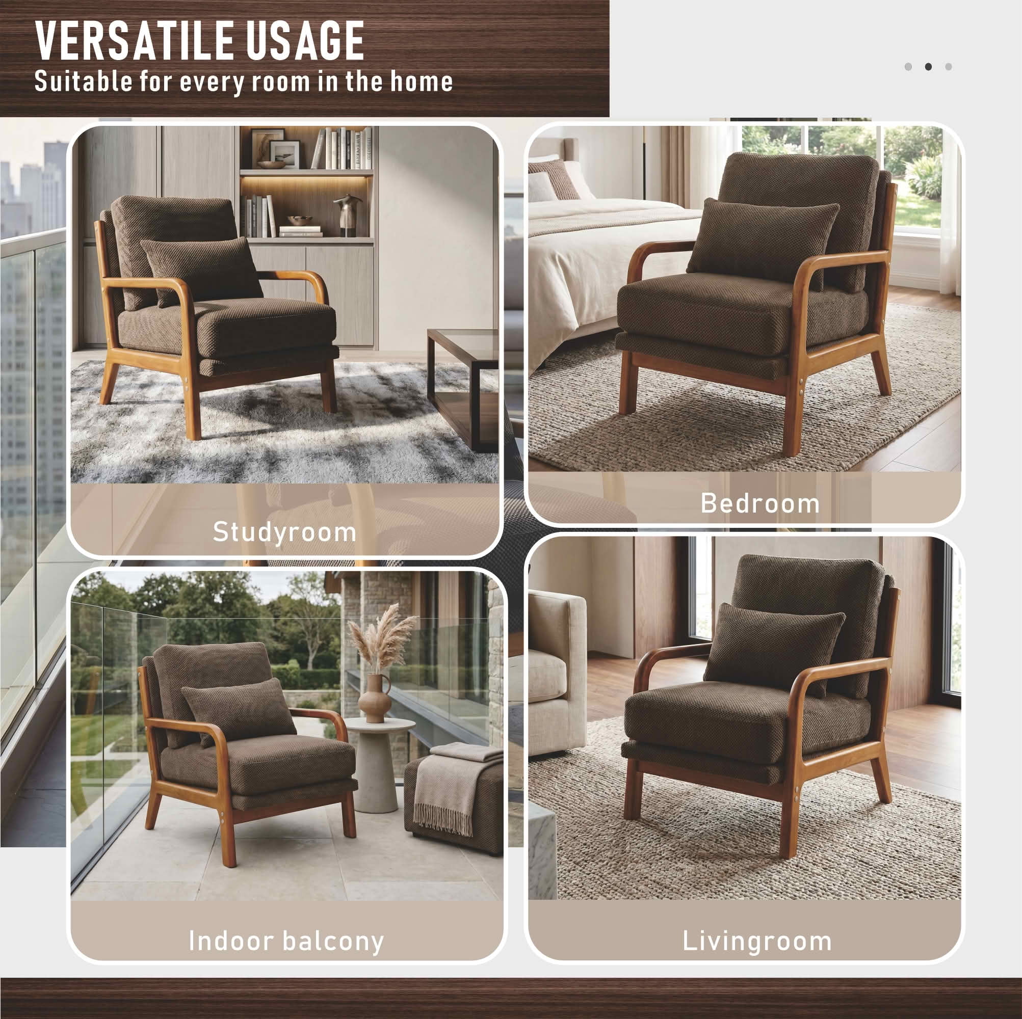 MAYEERTY 26 In Nubby Fabric Lounge Chair, Solid Wood Armrests, Lumbar Pillow, Coffee, 300 lb