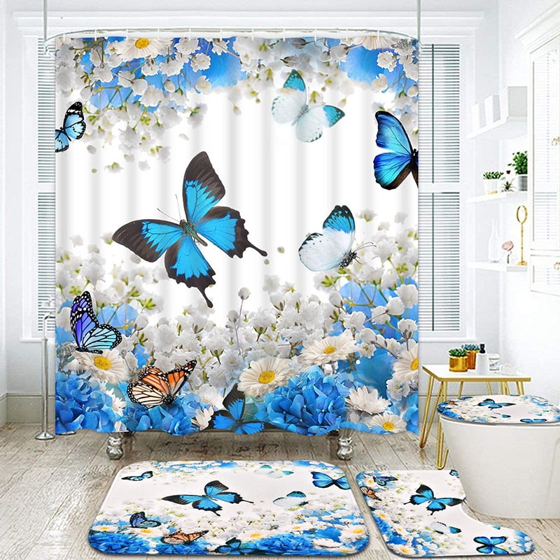 Color butterfly Bathroom Shower Curtain Waterproof Fabric w/12 Hooks 71*71in 