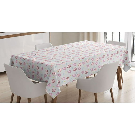 Romantic Tablecloth, Abstract Diamond Forms Hearts and Triangles Girls Retro Love Triangle, Rectangle Satin Table Cover for Dining Room and Kitchen, 52" X 70", Pink Dark Coral White, by Ambesonne