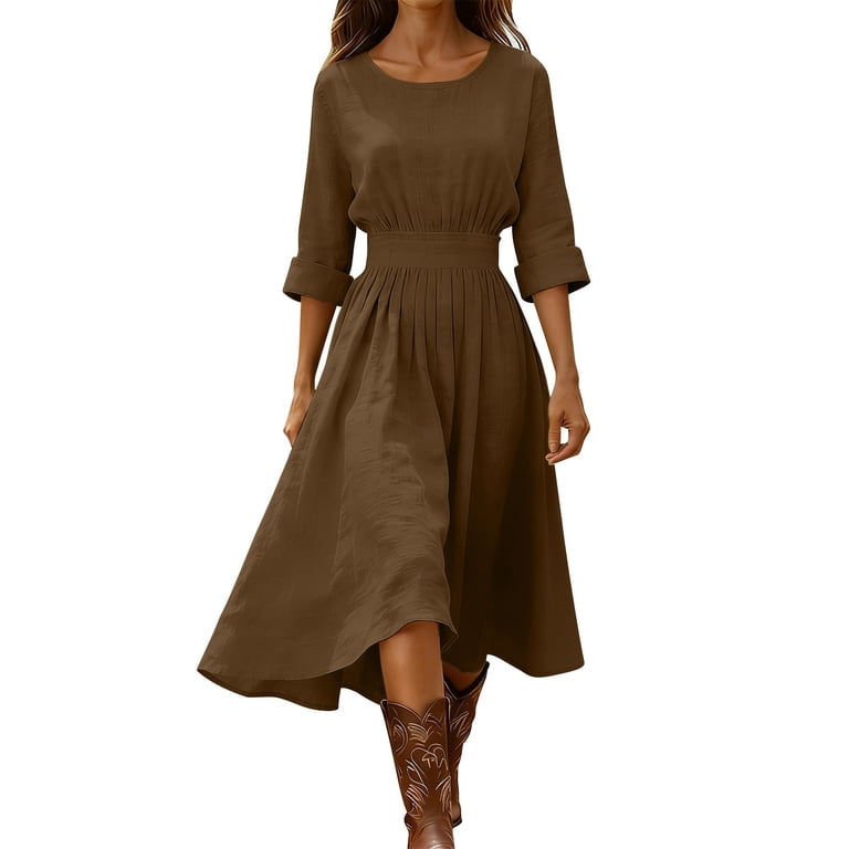 Womens Elastic Waist Pleated Dresses Round Neck 3/4 Rolled Cuff Back Zipper Flowy A Line Casual Midi Dress for Summer Daily Beach