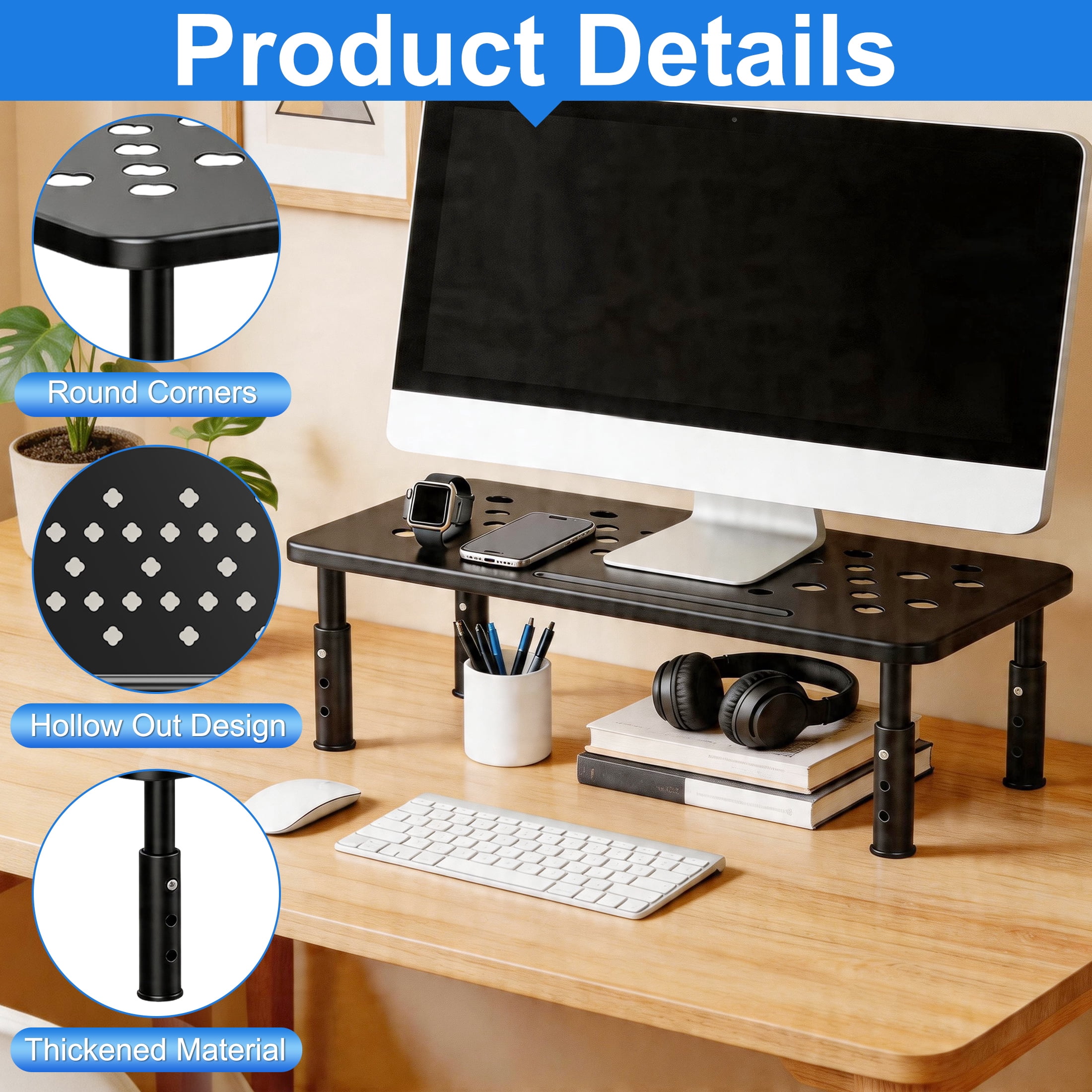 2-Pack Adjustable Monitor Stand Riser, Metal Computer Monitor Riser with 3 Height Settings, Desk Stand for Laptop, Printer, Desktop Organizer