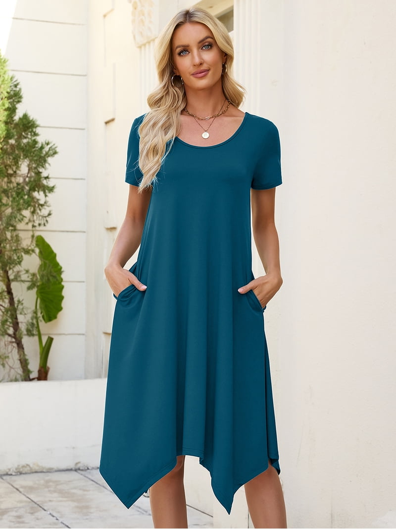 short sleeve swing dress with pockets Swing Pocket Dress, Denim / L