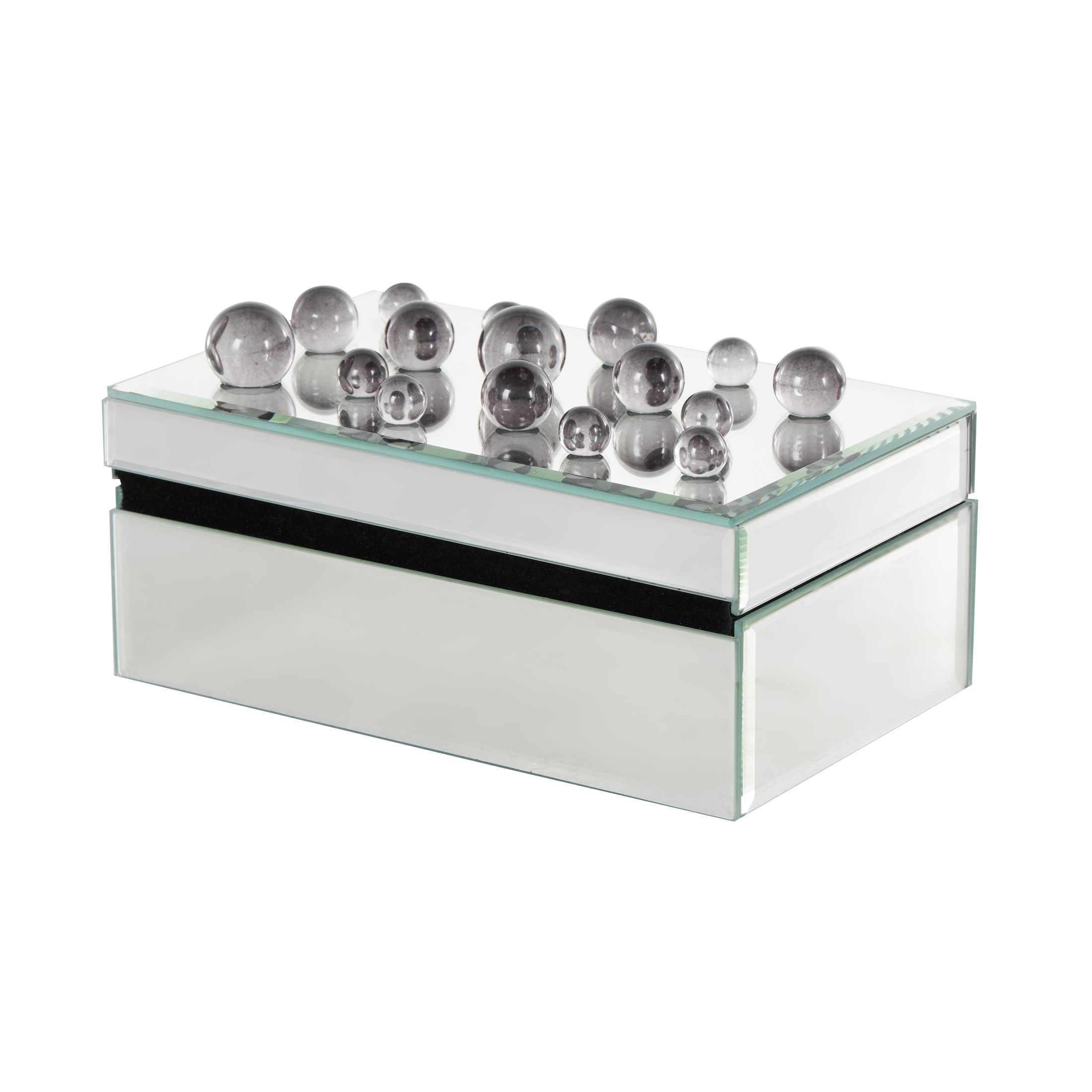 DecMode Mirrored Silver Glass Decorative Jewelry Box with Black Bubble Textured Balls