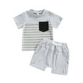 thumbnail image 1 of ZAXARRA Vêtements pour Garçons Tout-Petits, Hauts à Manches Courtes Col Rond Rayé Pantalons Courts à Cordon Tenues Décontractées, 1 of 9