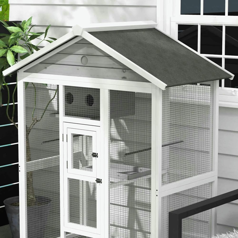 Barara King Bird Cage, Bird Habitat Small Animal Travel Cage,64.5" Wooden Bird Cage Aviary, Flight Cage with 4 Perches, Nest and Slide-Out Tray, Gray