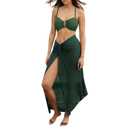 HABDGIKS Womens Bikini Swimsuits Solid Three Piece Long Pantyskirt Halter Bra Thongs French Style Separate Swimsuit