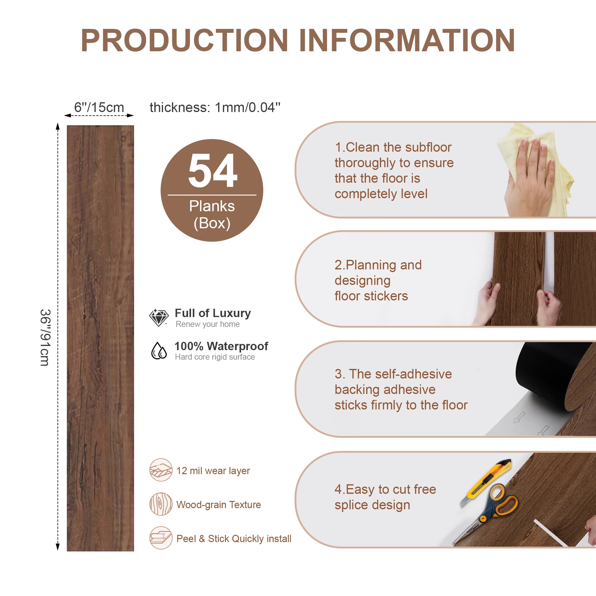 6''W x 36''L Peel & Stick, Vinyl Plank Flooring, Wood Grain, Self-adhesive And Waterproof Tile Sticker, DIY Stickers-for Decorating Living Rooms, Bedrooms, Offices,,54pcs (cover 81 Sq. ft)
