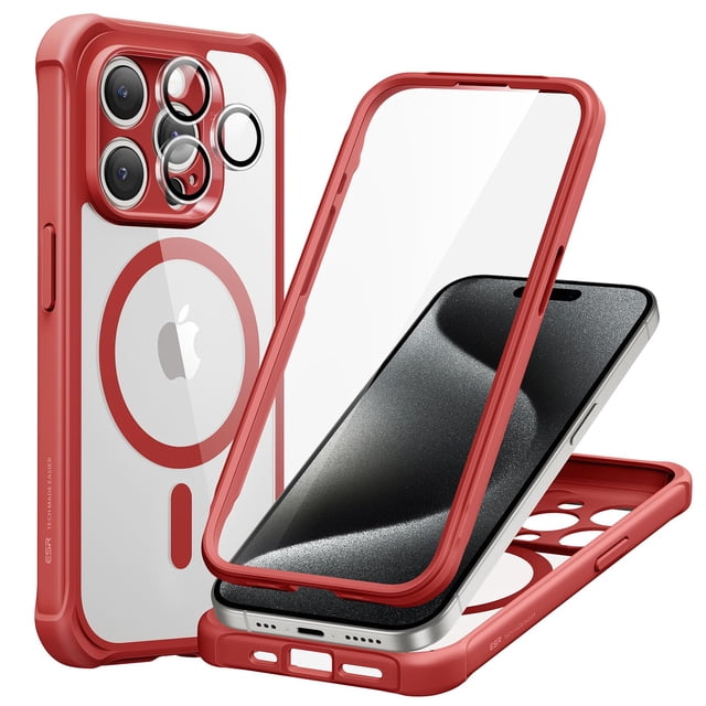Funda de teléfono ESR para iPhone 15 Pro Max con vidrio templado rojo
