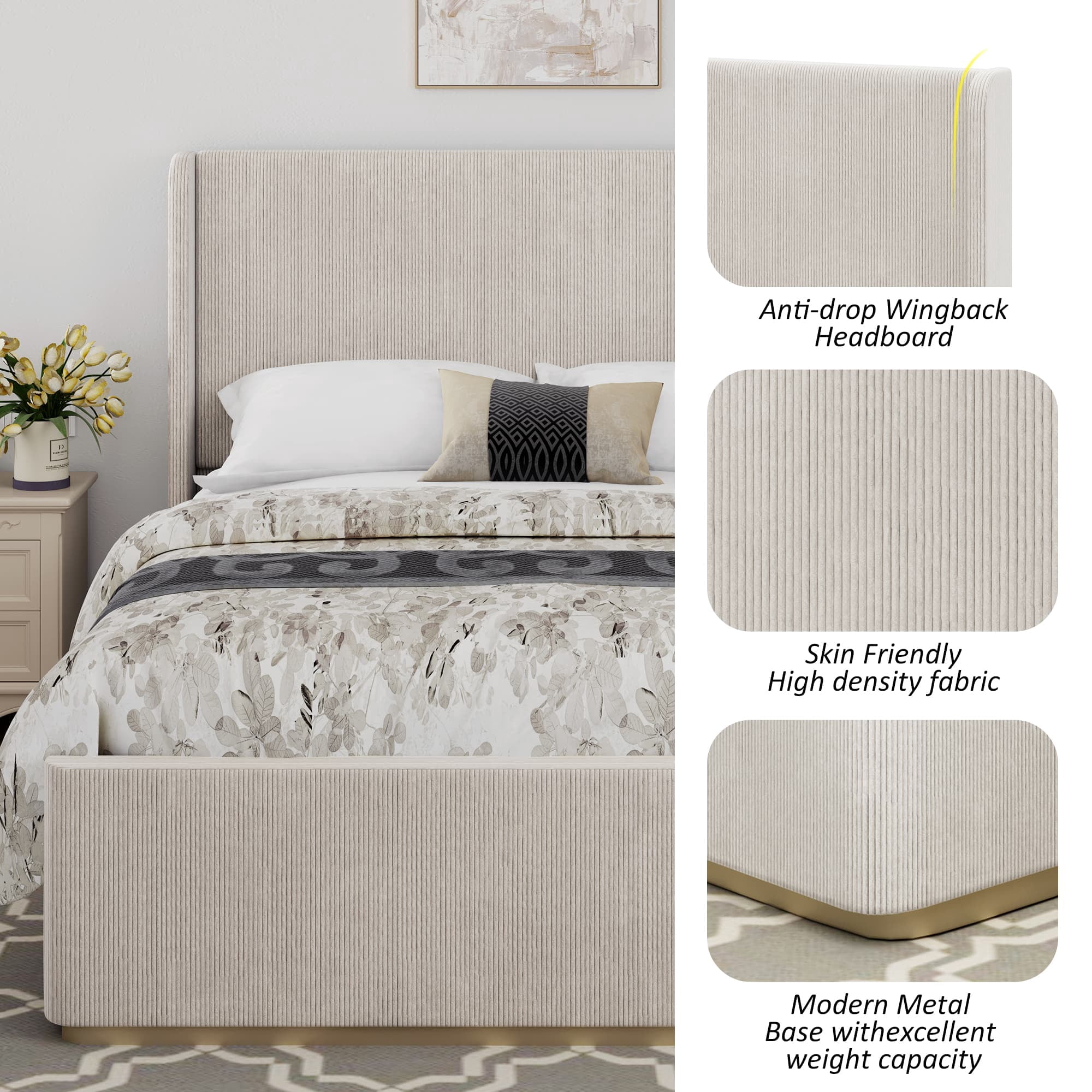 MAYEERTY Queen Corduroy Bed Frame Vertical Stripe Wingback Headboard for Bedroom Light Grey