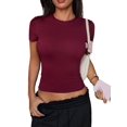 thumbnail image 3 of Gynyvoja Short Sleeve Shirts for Women Round Neck Basic Double Lined Tees Fitted Y2k Crop Tops Wine Red L, 3 of 8
