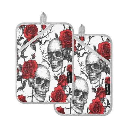

Vzayy Kitchen Pot Holders Sets Heat Resistants for Cooking Baking Two Rose Skulls