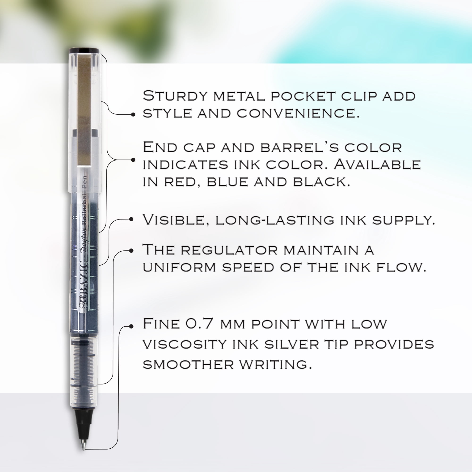 BAZIC Dayton Black Rollerball Pen 0.7mm w/ Regulator, (3/Pack), 24-Pack
