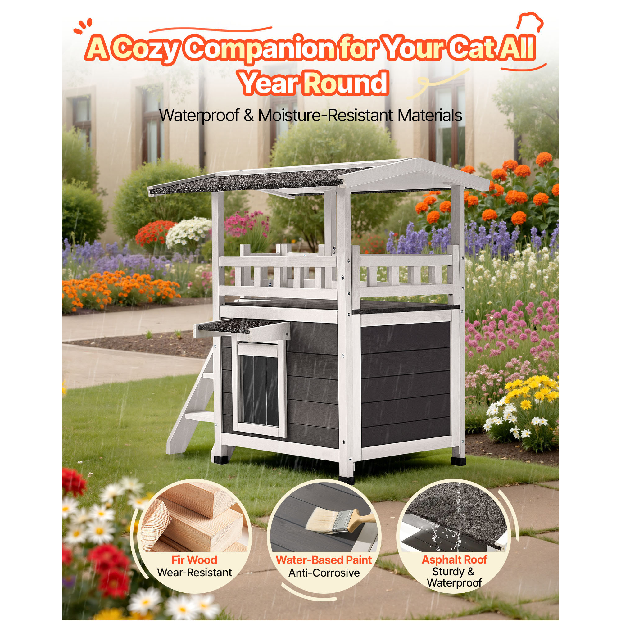 KFFKFF 2-Story Wooden Cat House with Stairs & Balcony, Elevated Shelter for Feral and Domestic Cats, Weather-Resistant Design, Spacious Interior, Suitable for Indoor and Outdoor Use, 30 x 22 x 30 in