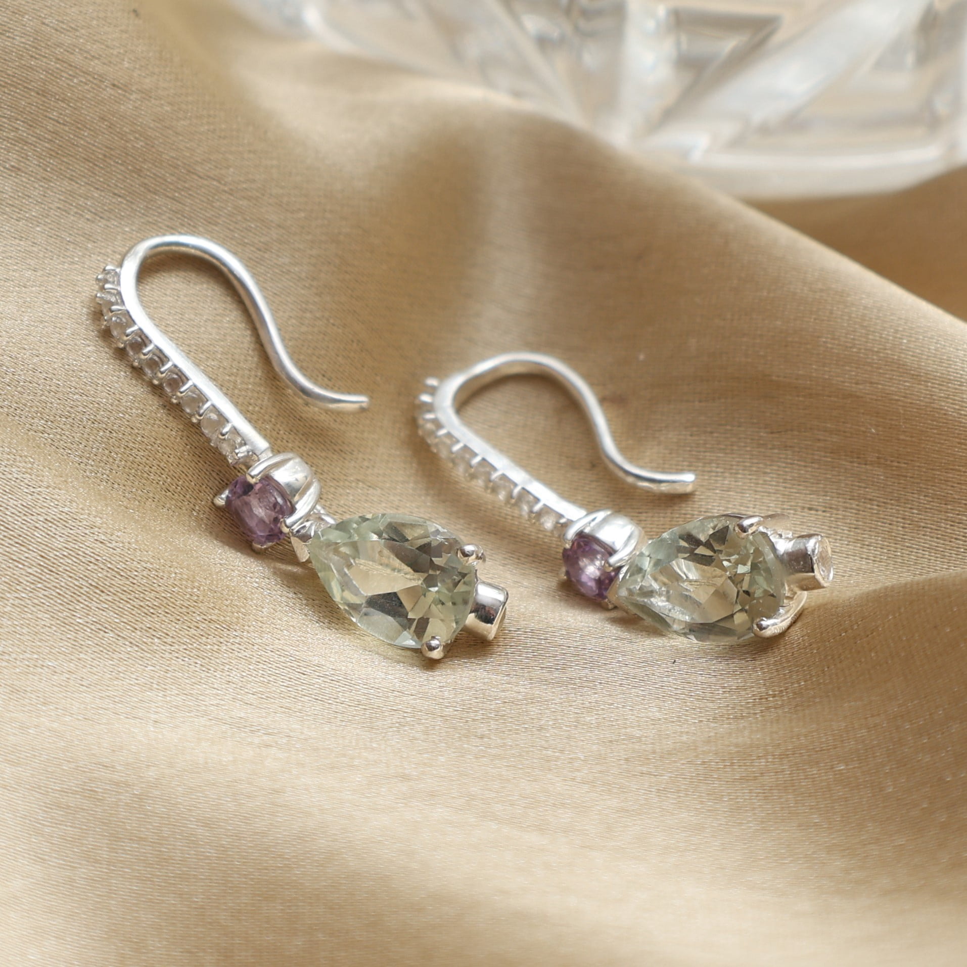 Art Deco Green Amethyst-Prasiolite Dangle/Drop Earrings - 925 Sterling Silver Dangle Earrings - Birthstone Earrings - Gemstone Earrings for Women