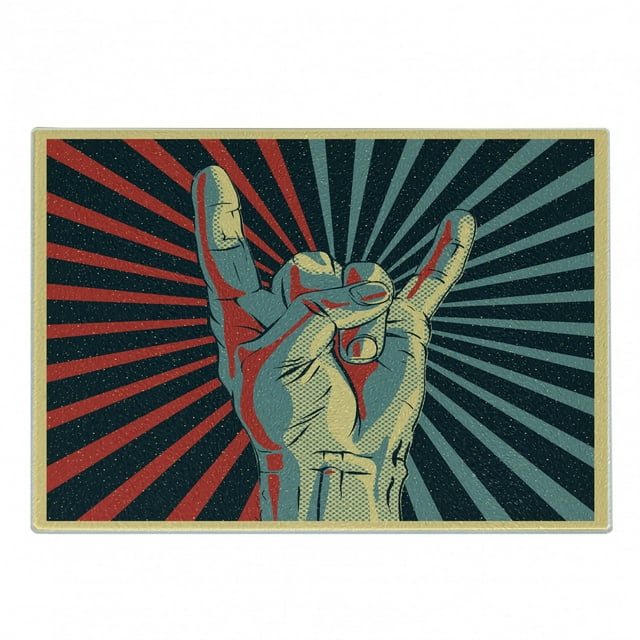 Music Cutting Board, Hand in Heavy Rocker Sign Musical Universal Gesturing Thunder Bolts Party People, Decorative Tempered Glass Cutting and Serving Board, Small Size, Multicolor, by Ambesonne